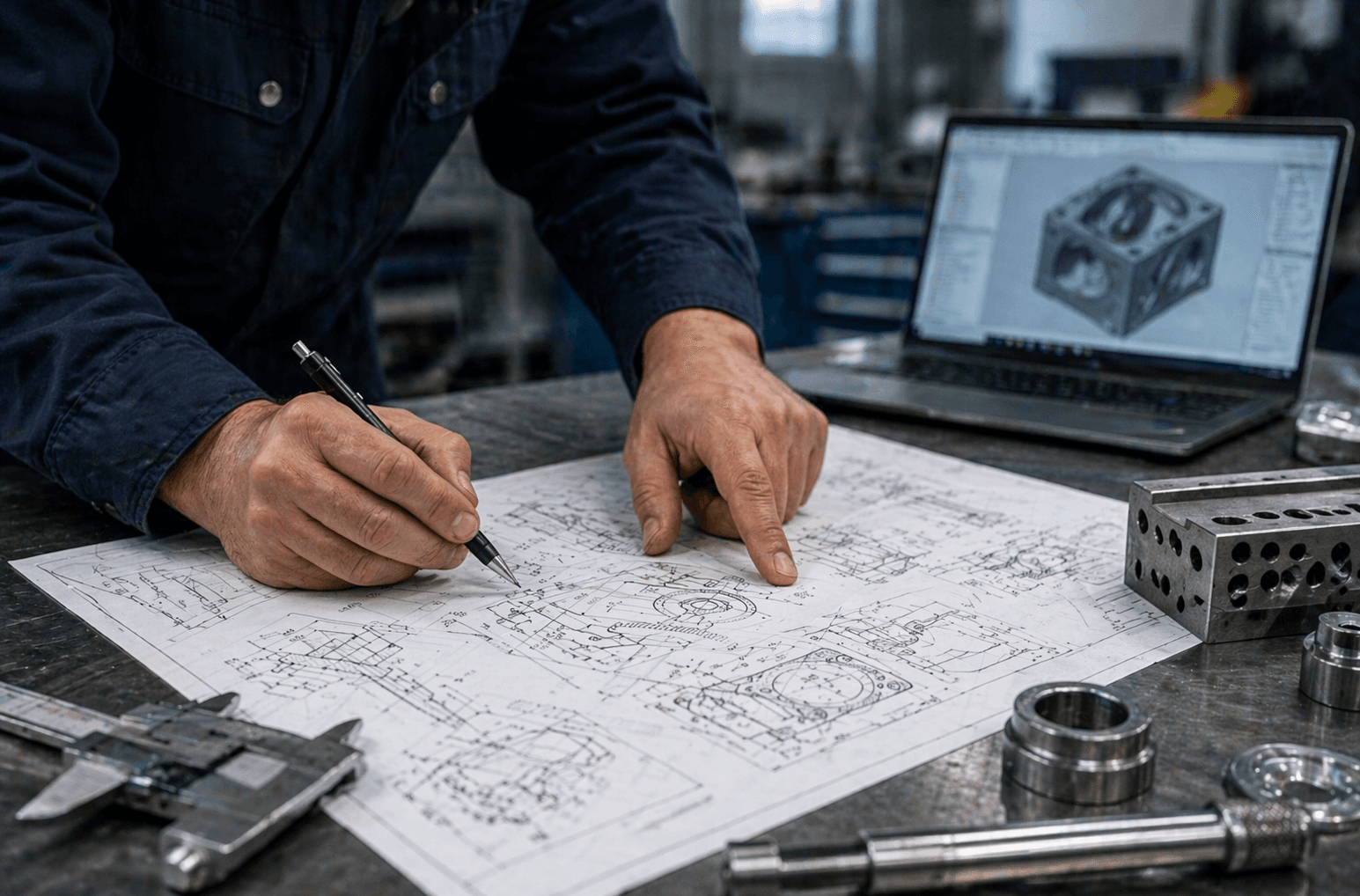 Analyse technique : mains travaillant sur un plan mécanique en atelier, visage non visible